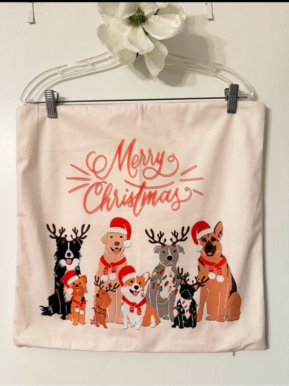 Merry Christmas Dogs Holiday Pillow Cover - Cream